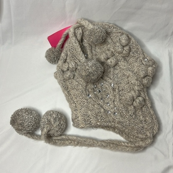 Betsey Johnson Women’s Grey/Taupe ear flap hat with poms and rhinestones - Picture 3 of 9